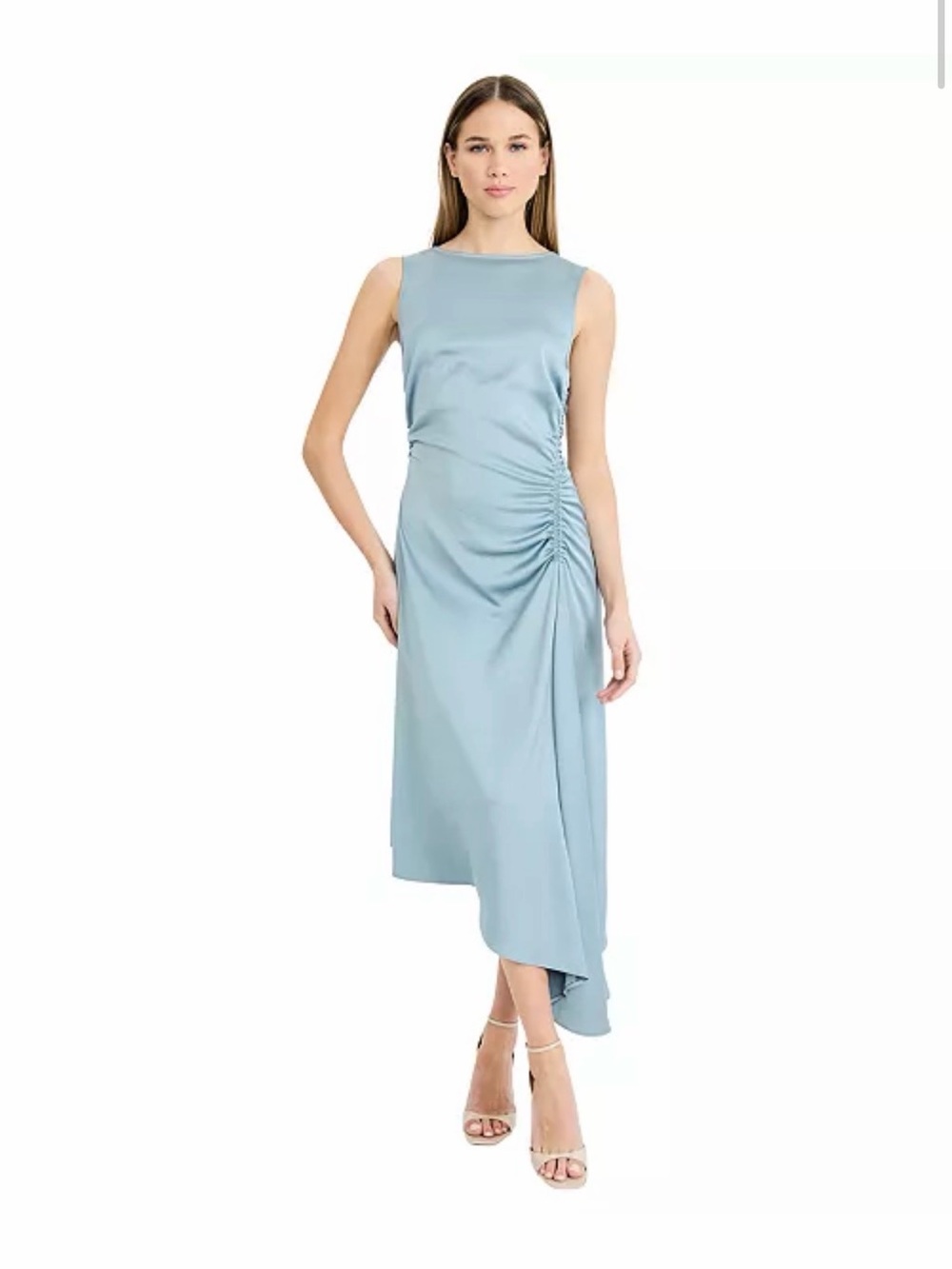 Luxely Asymmetrical Ruched Midi Dress Arona Blue NWT